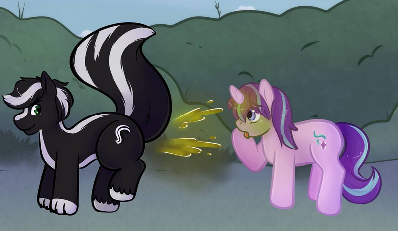Size: 1173x681 | Tagged: questionable, alternate version, artist:zombineko, banned from derpibooru, deleted from derpibooru, derpibooru import, starlight glimmer, oc, oc:zenawa skunkpony, skunk, skunk pony, disgusted, evil smirk, gagging, green face, holding nose, raised leg, raised tail, skunk spray, spraying, tail, tongue out