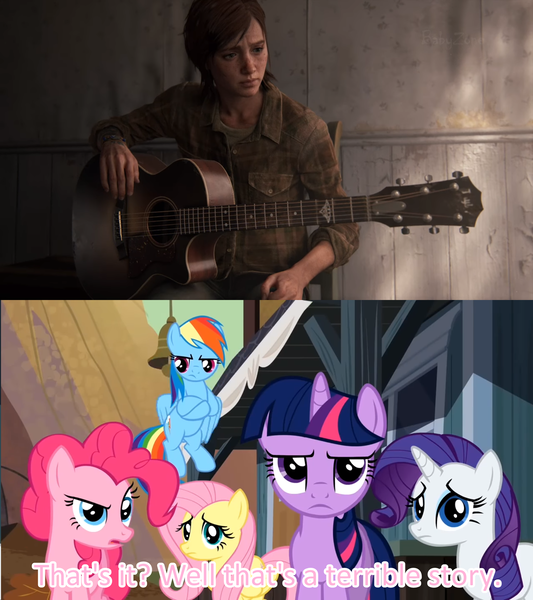 Size: 1920x2160 | Tagged: safe, banned from derpibooru, deleted from derpibooru, derpibooru import, edit, edited screencap, screencap, fluttershy, pinkie pie, rainbow dash, rarity, twilight sparkle, the last roundup, ellie, guitar, meme, musical instrument, spoiler for another series, the last of us, the last of us part ii