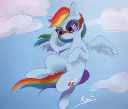 Size: 2206x1882 | Tagged: safe, artist:ashitaka_kiyu, banned from derpibooru, deleted from derpibooru, derpibooru import, rainbow dash, pegasus, pony, cloud, female, flying, goggles, mare, pixiv, sky, solo, spread wings, wings