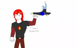 Size: 1280x791 | Tagged: safe, artist:israelyabuki, banned from derpibooru, deleted from derpibooru, derpibooru import, flash sentry, oc, oc:eternal flames, human, equestria girls, 1000 hours in ms paint, abs, belt, black shirt, clothes, deviantart, dialogue, hitting, male, masterpiece, muscles, punch, red hair, serious, serious face, shirt, simple background, trousers, white background, white skin