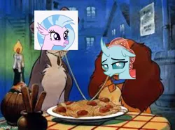Size: 577x432 | Tagged: safe, banned from derpibooru, deleted from derpibooru, derpibooru import, ocellus, silverstream, female, food, lady and the tramp, lesbian, meme, ocellustream, pasta, shipping, spaghetti