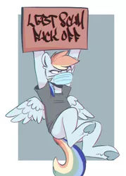 Size: 1463x2048 | Tagged: safe, artist:elijah, banned from derpibooru, deleted from derpibooru, derpibooru import, edit, rainbow dash, angry, cardboard sign, clothes, face mask, lgbt, mouthpiece, politics, shirt, sign, solo, vulgar