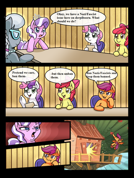 Size: 1202x1588 | Tagged: safe, artist:vavacung, banned from derpibooru, deleted from derpibooru, derpibooru import, apple bloom, diamond tiara, scootaloo, silver spoon, sweetie belle, earth pony, pegasus, pony, unicorn, derpibooru, crusaders of the lost mark, anti-nazism, arin hanson face, comic, cutie mark, cutie mark crusaders, defenestration, dorkly, drama, employer meme, exploitable meme, fandom war, female, filly, meme, meme template, meta, parody, the cmc's cutie marks