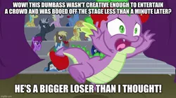 Size: 888x499 | Tagged: safe, banned from derpibooru, deleted from derpibooru, derpibooru import, edit, edited screencap, screencap, spike, dragon, earth pony, pony, unicorn, horse play, abuse, caption, female, funny, go to sleep garble, image, image macro, jpeg, male, mare, op is a duck, op is a duck but has a point, op is a spike hater, op is trying to start shit, op is trying to start shit so badly that it's kinda funny, open mouth, shitposting, spikeabuse, stallion, text, tomatoes, truth, vulgar