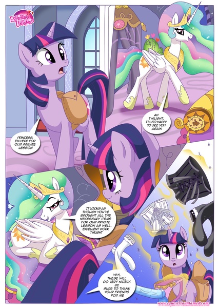 Size: 1024x1447 | Tagged: questionable, artist:bbmbbf, banned from derpibooru, deleted from derpibooru, derpibooru import, princess celestia, twilight sparkle, comic:a lesson on benefits, equestria untamed, clothes, comic, dildo, female, lesbian, lingerie, palcomix, sex toy, shipping, strapon, twilestia