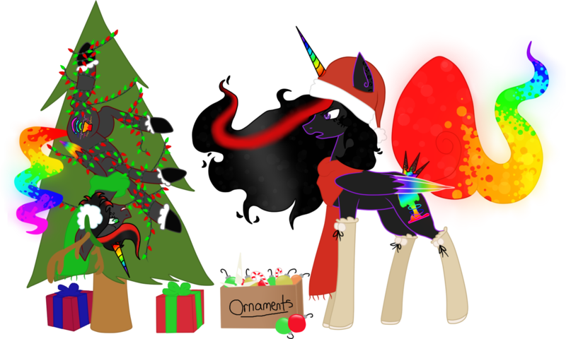 Size: 1350x810 | Tagged: safe, banned from derpibooru, deleted from derpibooru, derpibooru import, oc, oc:princess neon boom, alicorn, christmas, christmas lights, christmas tree, hat, holiday, neon, ornament, present, santa hat, tree