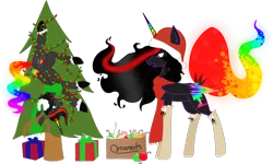 Size: 1350x810 | Tagged: safe, banned from derpibooru, deleted from derpibooru, derpibooru import, oc, oc:princess neon boom, alicorn, christmas, christmas lights, christmas tree, hat, holiday, neon, ornament, present, santa hat, tree