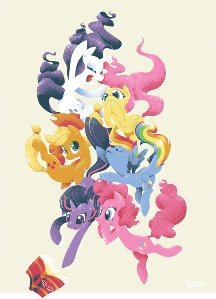 Size: 903x1251 | Tagged: dead source, safe, artist:ponyshot, banned from derpibooru, deleted from derpibooru, derpibooru import, applejack, fluttershy, pinkie pie, rainbow dash, rarity, twilight sparkle, earth pony, pegasus, pony, unicorn, :o, action poster, adobe imageready, book, design, eyes closed, falling, female, mane six, mare, open mouth, reaching, screaming, shirt design, simple background, smiling, smug, spread wings, tongue out, transparent background, unicorn twilight, wings, yellow background