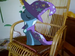 Size: 1280x960 | Tagged: safe, artist:sparkdraws, banned from derpibooru, deleted from derpibooru, derpibooru import, trixie, pony, cape, chair, clothes, hat, irl, magazine, photo, ponies in real life, solo, vector