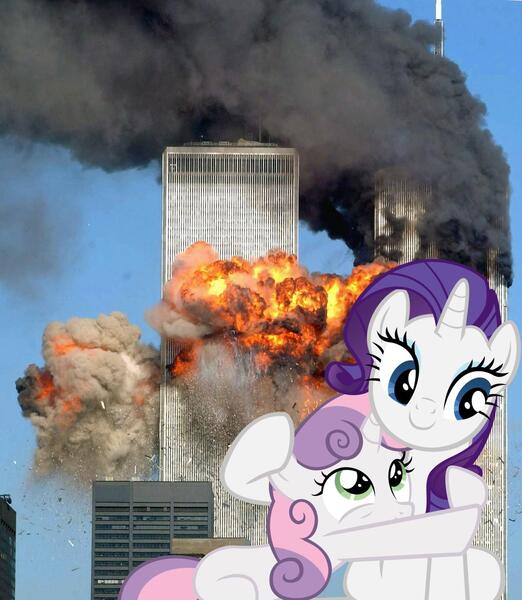 Size: 1200x1380 | Tagged: grimdark, banned from derpibooru, deleted from derpibooru, derpibooru import, rarity, sweetie belle, 9/11, 9/11 joke, world trade center