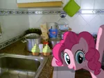 Size: 1280x960 | Tagged: safe, artist:sparkdraws, banned from derpibooru, deleted from derpibooru, derpibooru import, pinkie pie, pony, cupcake, food, irl, kitchen, photo, ponies in real life, shadow, sink, vector