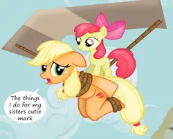 Size: 1024x822 | Tagged: safe, banned from derpibooru, deleted from derpibooru, derpibooru import, apple bloom, applejack, anatomically incorrect, bondage, hang gliding, incorrect leg anatomy, living object, rope, suspended, text