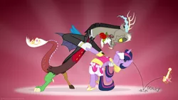 Size: 5000x2812 | Tagged: safe, artist:zutheskunk, banned from derpibooru, deleted from derpibooru, derpibooru import, discord, twilight sparkle, twilight sparkle (alicorn), alicorn, pony, absurd resolution, backbend, big crown thingy, clothes, coronation dress, dancing, discolight, dress, element of magic, female, flower, gentleman, hilarious in hindsight, jewelry, male, mare, mouth hold, regalia, rose, shipping, straight