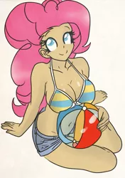 Size: 669x950 | Tagged: suggestive, artist:ajue, banned from derpibooru, deleted from derpibooru, derpibooru import, pinkie pie, human, ball, bikini, bra, breasts, busty pinkie pie, clothes, humanized, shorts, solo, swimsuit, trace, underwear