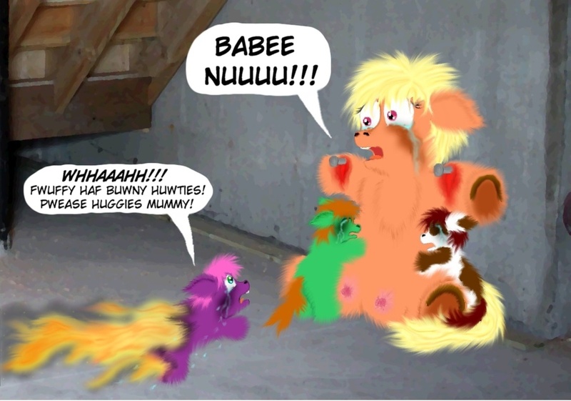 Size: 1200x842 | Tagged: grimdark, questionable, artist:ginger fig, banned from derpibooru, deleted from derpibooru, derpibooru import, fluffy pony, abuse, blood, crotchboobs, crying, fire, fluffy pony foals, fluffy pony grimdark, fluffy pony mother, foal abuse, impalement, nudity, pinto fluffy