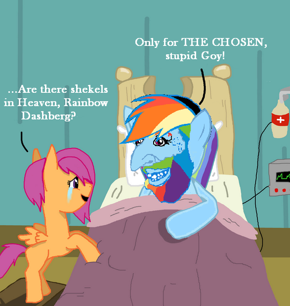 Size: 587x620 | Tagged: semi-grimdark, banned from derpibooru, deleted from derpibooru, derpibooru import, rainbow dash, scootaloo, antisemitism, hospital, image, le happy merchant, png, racism