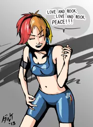 Size: 888x1221 | Tagged: safe, artist:daruqe, banned from derpibooru, deleted from derpibooru, derpibooru import, rainbow dash, human, air guitar, belly button, headphones, humanized, midriff, solo, tengen toppa gurren lagann, tight clothing