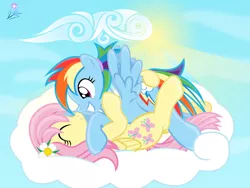 Size: 8000x6000 | Tagged: safe, artist:nightmaremoons, banned from derpibooru, deleted from derpibooru, derpibooru import, fluttershy, rainbow dash, cloud, couple, female, flutterdash, image, lesbian, png, shipping