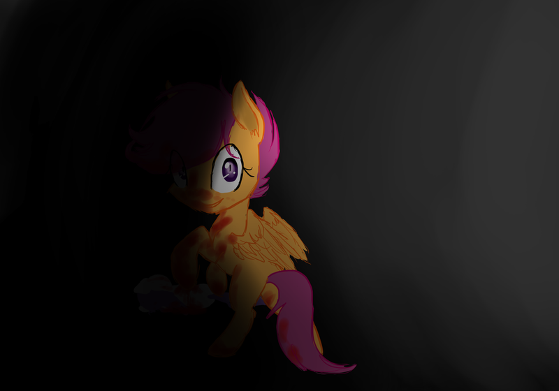 Size: 1024x717 | Tagged: grimdark, artist:artizay, banned from derpibooru, deleted from derpibooru, derpibooru import, scootaloo, pegasus, pony, black background, bleeding, blood, blood stains, corpse, creepy, evil, evil grin, evil scootaloo, eviloo, female, filly, foal, grin, hair over one eye, image, implied murder, insanity, looking at you, looking back, looking back at you, png, shadow, simple background, smiling, solo, standing on two hooves, wings