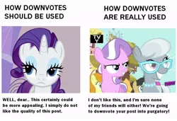 Size: 926x634 | Tagged: safe, banned from derpibooru, deleted from derpibooru, derpibooru import, diamond tiara, rarity, silver spoon, bullying the op, downvote, drama bait, image, irony, jpeg, meta, neighsayers everywhere, unamused