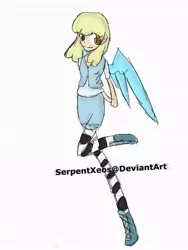 Size: 768x1024 | Tagged: safe, artist:serpentxeos, banned from derpibooru, deleted from derpibooru, derpibooru import, sassaflash, human, 30 minute art challenge, clothes, female, humanized, skinny, solo, winged humanization, wings