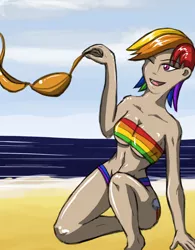 Size: 1172x1500 | Tagged: suggestive, artist:hellbeholder, banned from derpibooru, deleted from derpibooru, derpibooru import, rainbow dash, human, beach, breasts, clothes, humanized, swimsuit
