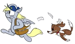 Size: 1200x700 | Tagged: safe, artist:karpet-shark, banned from derpibooru, deleted from derpibooru, derpibooru import, derpy hooves, winona, dog, bipedal, chase, hat, mail, mailbag, mailmare, mailpony, running