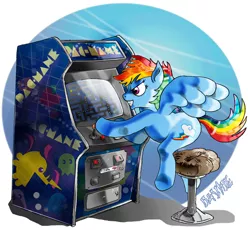 Size: 932x857 | Tagged: safe, banned from derpibooru, deleted from derpibooru, derpibooru import, rainbow dash, arcade, arcade game, pac-man, video game