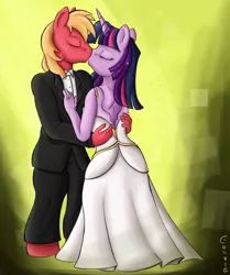 Size: 1024x1224 | Tagged: safe, artist:conrie, banned from derpibooru, deleted from derpibooru, derpibooru import, big macintosh, twilight sparkle, anthro, clothes, dress, female, kissing, male, shipping, straight, twimac, wedding dress