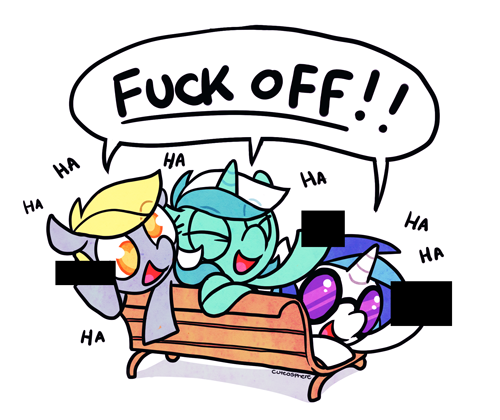 Size: 500x420 | Tagged: safe, banned from derpibooru, deleted from derpibooru, derpibooru import, derpy hooves, lyra heartstrings, vinyl scratch, bench, censored, laughing, middle finger, speech bubble, unnecessary censorship, vulgar