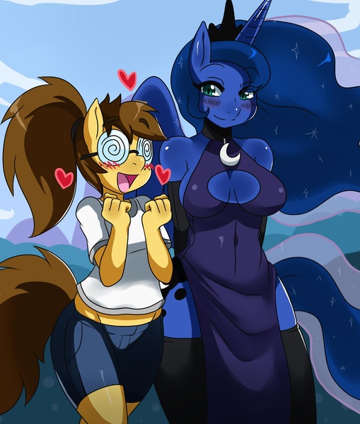 Size: 1280x1509 | Tagged: suggestive, artist:ss2sonic, banned from derpibooru, deleted from derpibooru, derpibooru import, princess luna, oc, anthro, breasts, busty princess luna, cleavage, clothes, glasses, socks, thigh highs