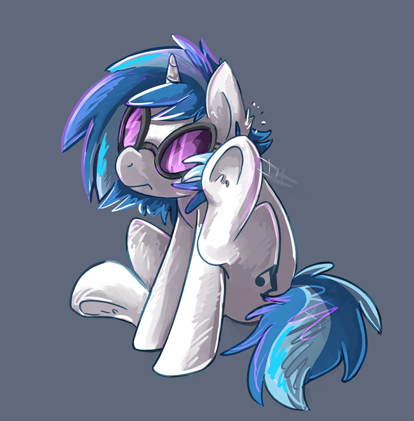 Size: 744x756 | Tagged: dead source, safe, artist:blitzpony, banned from derpibooru, deleted from derpibooru, derpibooru import, vinyl scratch, pony, unicorn, behaving like a dog, female, gray background, image, mare, png, pun, scratching, simple background, solo, vinyl's glasses, visual pun