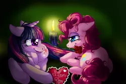 Size: 850x567 | Tagged: safe, banned from derpibooru, deleted from derpibooru, derpibooru import, pinkie pie, twilight sparkle, candle, candlelight, female, floppy ears, flower, happy, heart (organ), lesbian, night, organs, rose, shipping, smiling, twinkie