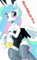 Size: 800x1280 | Tagged: safe, artist:oze, banned from derpibooru, deleted from derpibooru, derpibooru import, princess celestia, bunny suit, clothes, fishnets, solo, stockings, thigh highs