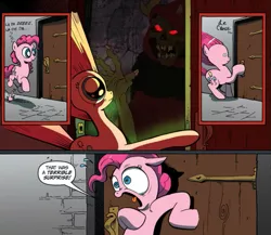 Size: 691x600 | Tagged: semi-grimdark, banned from derpibooru, deleted from derpibooru, derpibooru import, idw, pinkie pie, crossover, disney, exploitable meme, meme, nightmare fuel, obligatory pony, surprise door, the black cauldron, the horned king
