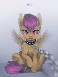 Size: 1200x1600 | Tagged: dead source, safe, artist:imalou, banned from derpibooru, deleted from derpibooru, derpibooru import, scootaloo, pegasus, pony, chains, collar, female, filly, foal, frog (hoof), image, implied foalcon, implied rainbow dash, looking at you, offscreen character, pet, pet play, png, pov, solo, spread wings, tongue out, underhoof, wings