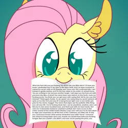 Size: 1000x1000 | Tagged: grimdark, banned from derpibooru, deleted from derpibooru, derpibooru import, edit, fluttershy, internet tough guy, mouth hold, text, tl;dr, vulgar
