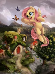 Size: 1200x1600 | Tagged: safe, artist:ponykillerx, banned from derpibooru, deleted from derpibooru, derpibooru import, fluttershy, butterfly, pegasus, pony, armpits, cute, detailed, fluttershy's cottage, flying, looking at something, open mouth, reaching out, scenery, shyabetes, smiling, solo, spread wings, technical advanced, wings