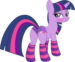 Size: 5000x4129 | Tagged: suggestive, artist:ifoxtrax, banned from derpibooru, deleted from derpibooru, derpibooru import, twilight sparkle, absurd resolution, bedroom eyes, blushing, butt, clothes, female, looking back, panties, plot, simple background, socks, solo, solo female, striped socks, transparent background, underwear, vector