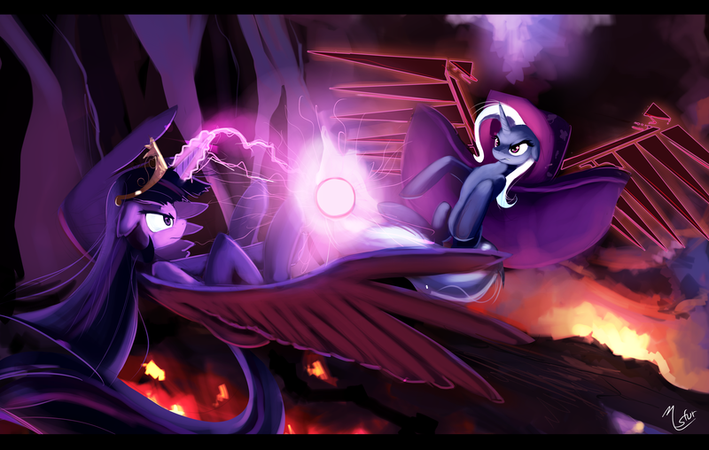 Size: 5442x3454 | Tagged: safe, artist:ciscoql, artist:gsphere, banned from derpibooru, deleted from derpibooru, derpibooru import, trixie, twilight sparkle, twilight sparkle (alicorn), alicorn, pony, angry, artificial wings, augmented, collaboration, female, fight, flying, magic, magic wings, mare, wings