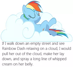 Size: 500x460 | Tagged: suggestive, banned from derpibooru, deleted from derpibooru, derpibooru import, rainbow dash, cloud, cool story, food, if i found a pony, meme, segoe ui, text, whipped cream