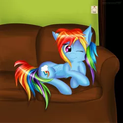 Size: 2500x2500 | Tagged: safe, artist:omi, banned from derpibooru, deleted from derpibooru, derpibooru import, rainbow dash, fanfic:my little dashie, couch, one eye closed, solo, wink