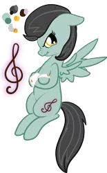 Size: 589x953 | Tagged: safe, banned from derpibooru, deleted from derpibooru, derpibooru import, lightning dust, octavia melody, oc, pegasus, clef, magical lesbian spawn, offspring, scrunchy face, solo