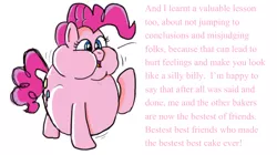 Size: 787x442 | Tagged: safe, artist:applelight limited, banned from derpibooru, deleted from derpibooru, derpibooru import, pinkie pie, mmmystery on the friendship express, aftermath, bloated, chubby cheeks, fat, obese, piggy pie, pudgy pie, solo, weight gain