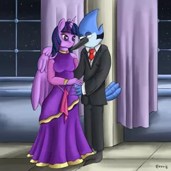 Size: 1024x1024 | Tagged: safe, artist:conrie, banned from derpibooru, deleted from derpibooru, derpibooru import, twilight sparkle, alicorn, anthro, breasts, clothes, crack shipping, crossover, crossover shipping, female, interspecies, male, mordecai, mordetwi, regular show, shipping, straight, suit, twilight sparkle (alicorn)