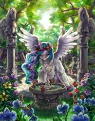 Size: 1709x2192 | Tagged: safe, artist:stupjam, banned from derpibooru, deleted from derpibooru, derpibooru import, princess celestia, fairy, beautiful, clothes, detailed, disney, disney fairies, dress, fairies are magic, flower, fountain, garden, statue, tinkerbell, tree, water