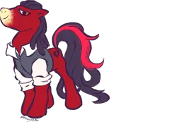 Size: 500x346 | Tagged: safe, artist:uglyfun, banned from derpibooru, deleted from derpibooru, derpibooru import, oc, oc:florid, unofficial characters only, earth pony, black hair, clothes, male, red and black oc, red body, red eyes, solo, vest, white snout