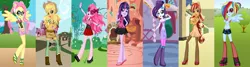 Size: 1988x534 | Tagged: safe, banned from derpibooru, deleted from derpibooru, derpibooru import, applejack, fluttershy, pinkie pie, rainbow dash, rarity, sci-twi, sunset shimmer, twilight sparkle, anthro, equestria girls, /mlp/, clothes, dress, dressup, dressup game, humane five, humane seven, humane six, midriff, skirt, starsue