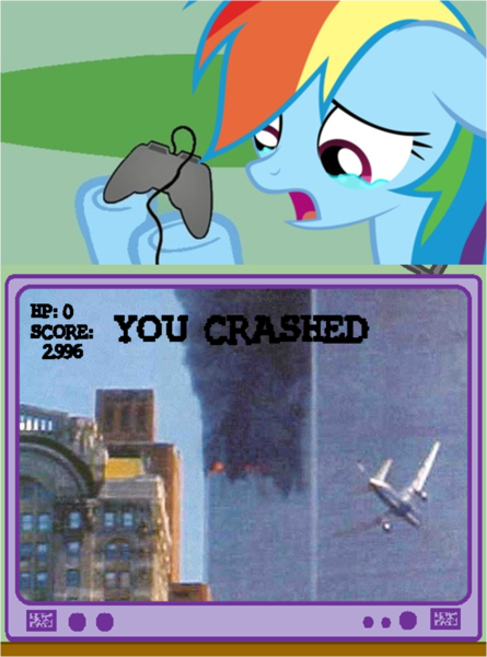 Size: 883x1190 | Tagged: grimdark, banned from derpibooru, deleted from derpibooru, derpibooru import, rainbow dash, 9/11, 9/11 joke, :c, crying, exploitable meme, frown, meme, obligatory pony, tv meme