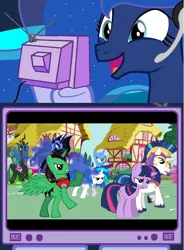 Size: 564x768 | Tagged: semi-grimdark, banned from derpibooru, deleted from derpibooru, derpibooru import, nightmare moon, princess luna, queen chrysalis, shining armor, trixie, twilight sparkle, vinyl scratch, oc, pony creator, bad end, damaged, defeated, exploitable meme, meme, obligatory pony, pony creator abuse, sad, the green and mary sue lord, tv meme